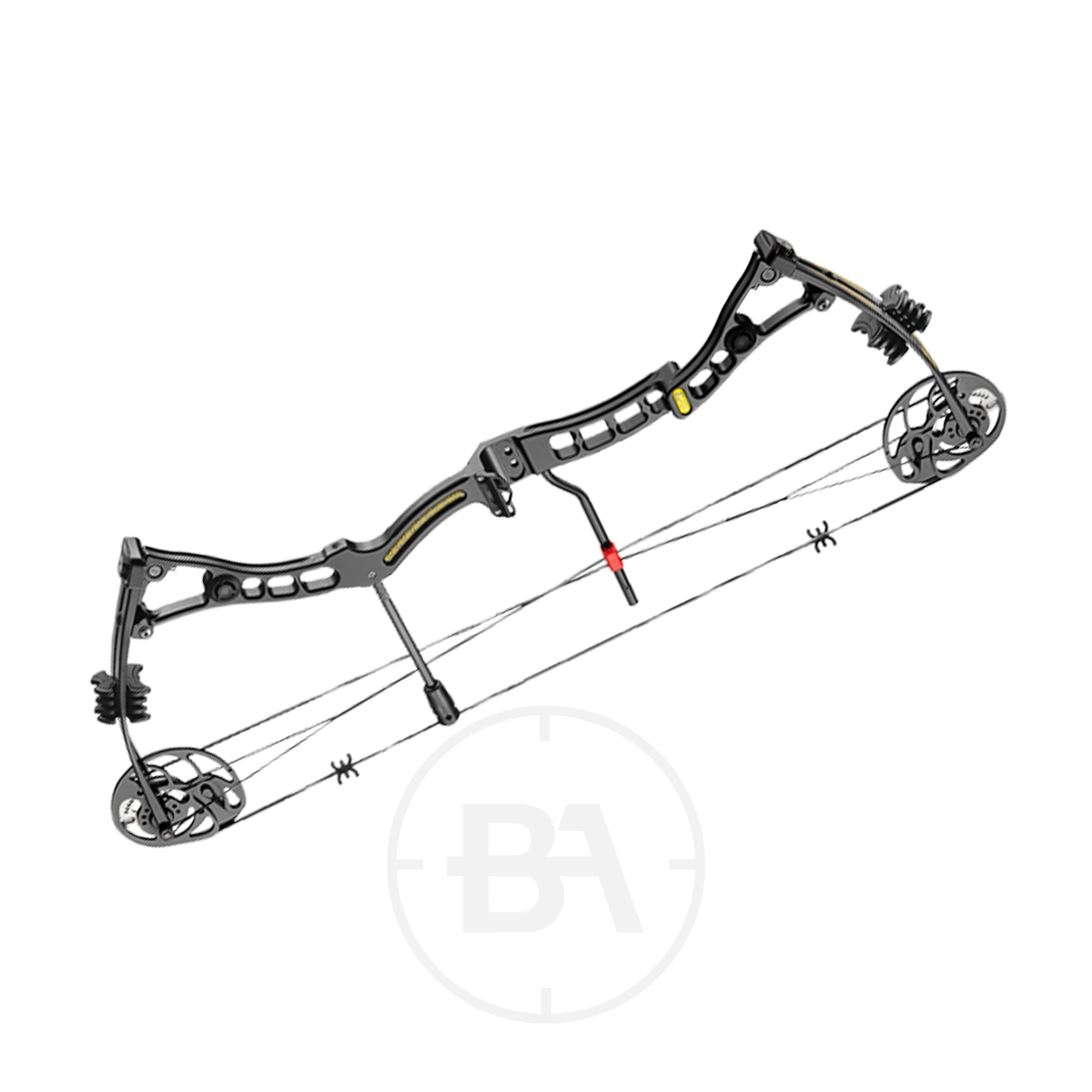 EK Archery Axis 2 Compound Bow Bundle 1 A modern Axis Compound Bow with a black frame, twin cams, stabilizers, and a central mounting hole is shown against a white background. This right handed design is perfect for precision shooting.