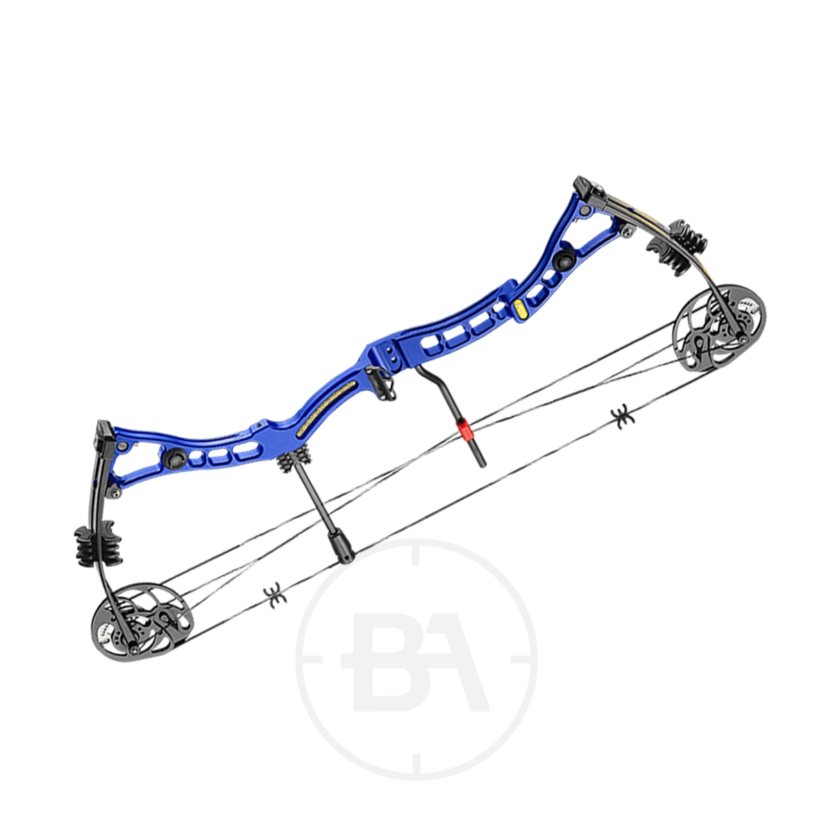 EK Archery Axis 2 Compound Bow Bundle 3 A blue Folium Camo compound bow by EK Archery features a metal frame, pulleys, and tension cables, displayed against a white background.