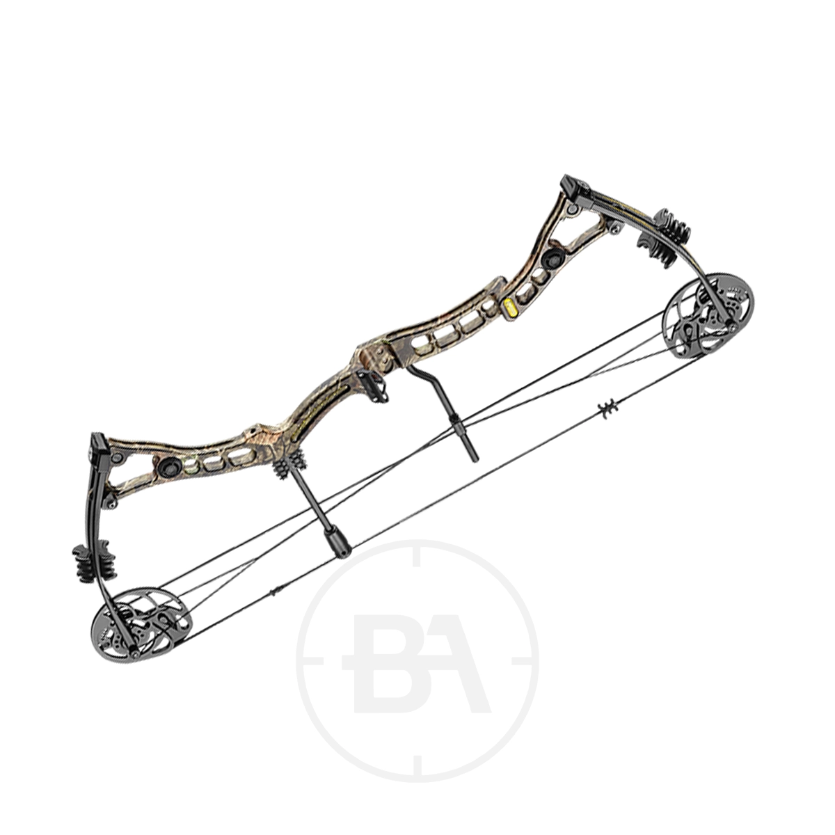 EK Archery Axis 2 Compound Bow Bundle 11 The EK Archery Axis Compound Bow features a Folium Camo-patterned riser, dual cams, and multiple cables, displayed on a white background.