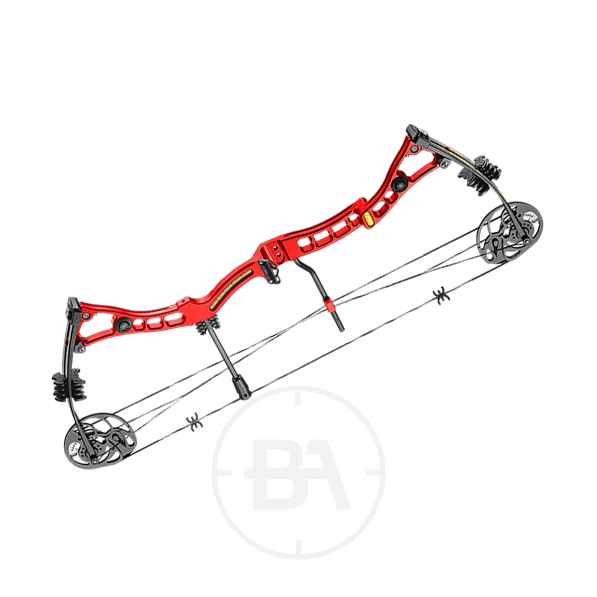 EK Archery Axis 2 Compound Bow Bundle 7 A red EK Archery Axis compound bow with dual cams, black limbs, and taut strings is displayed on a white background.