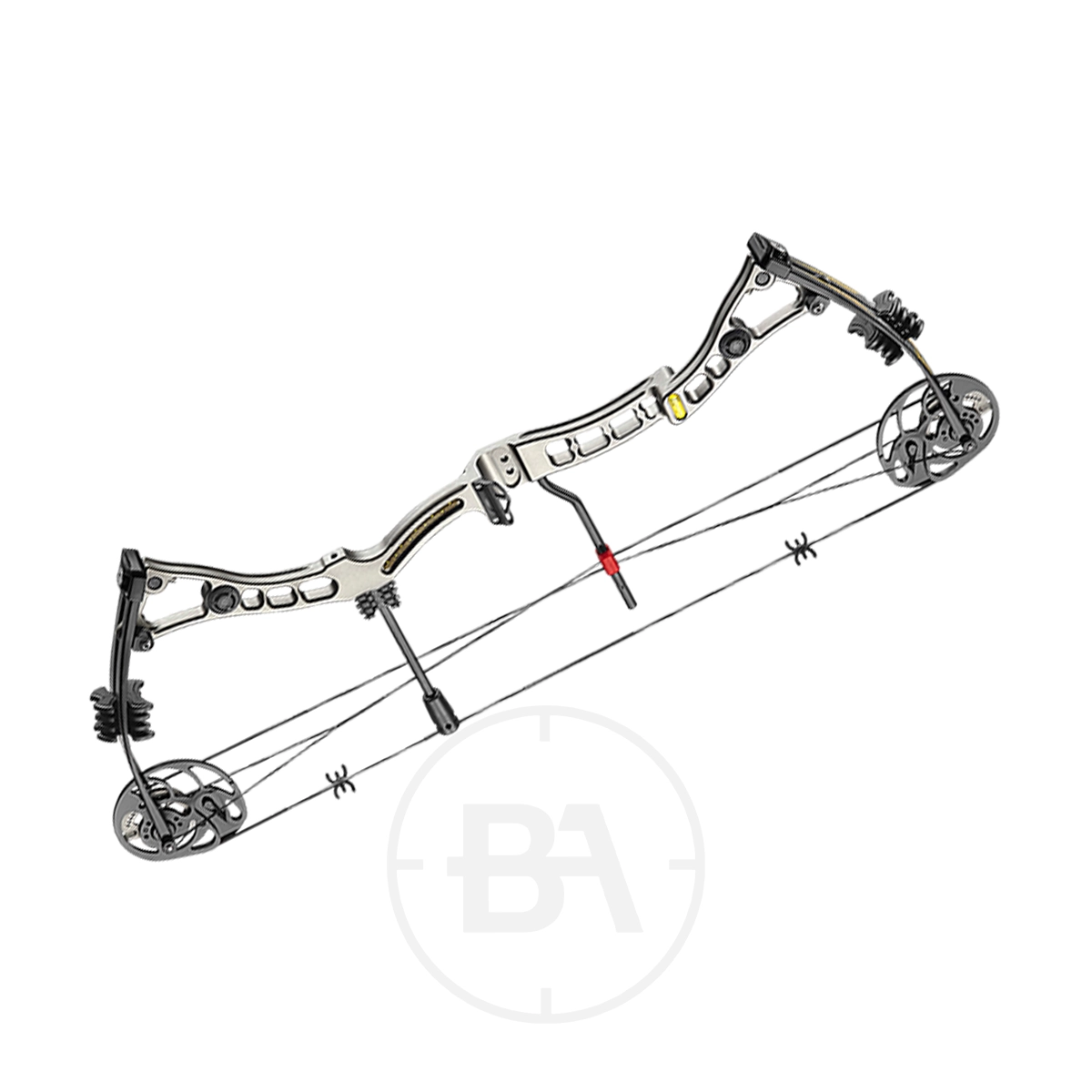 EK Archery Axis 2 Compound Bow Bundle 9 A modern EK Archery Axis Compound Bow with a metallic frame, cams, and multiple cables in Folium Camo finish, isolated on a white background.