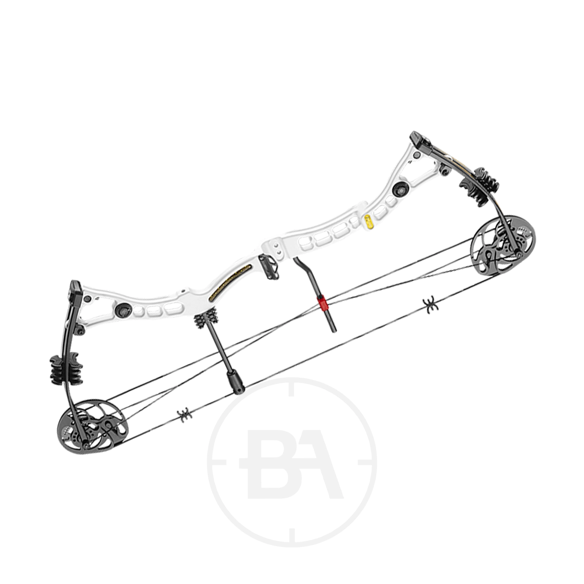 EK Archery Axis 2 Compound Bow Bundle 5 The EK Archery Axis Compound Bow features a white riser, black limbs, dual cams, and various dampeners and attachments, all displayed on a white background.