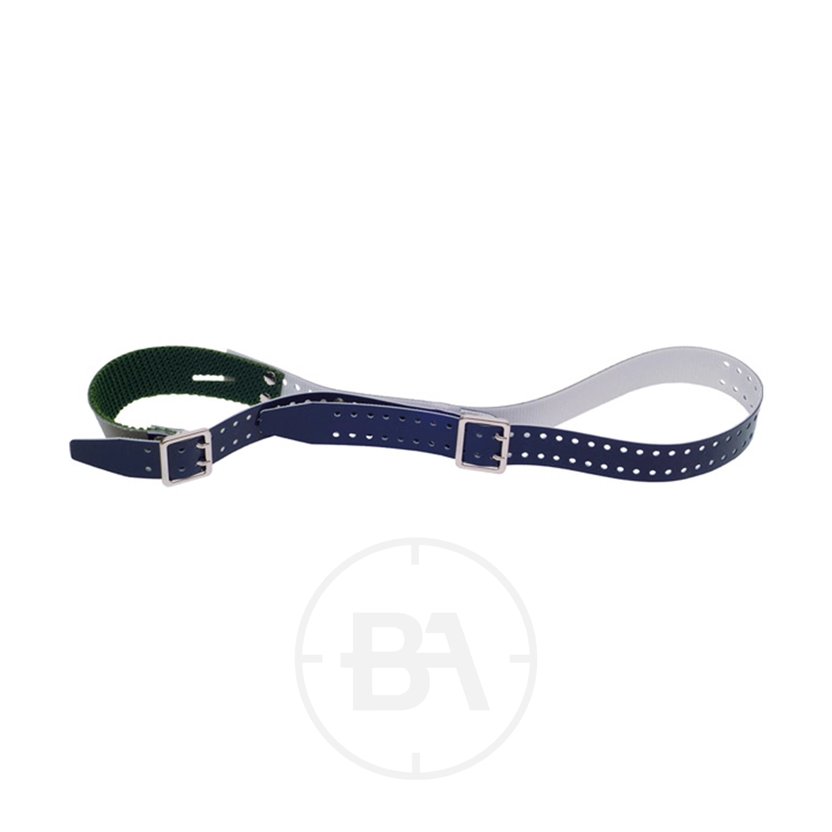 Gehmann Micro-Adjustable Artificial Sling 3 A blue and green micro-adjustable nylon strap with perforations and two metal buckles, laid flat on a white background.