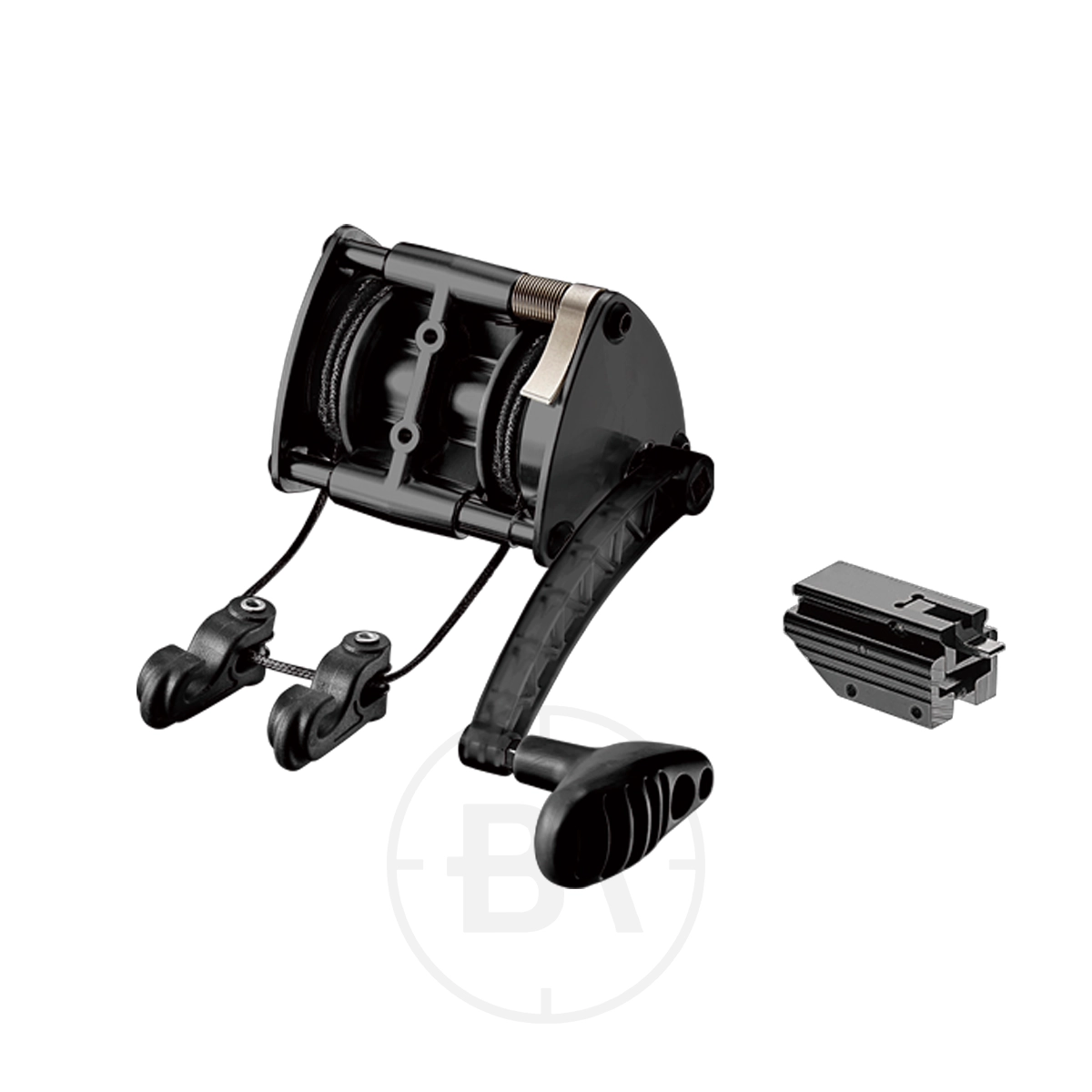 EK Archery Accelerator 410, 370 & Hex Crank Cocking Aid 1 A black and silver device, the B10041A EK Archery crank cocking aid is designed for effortless use and precision.