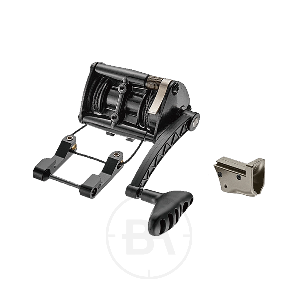 EK Archery Titan & Desert Hawk Crank Cocking Aid 1 A black and silver device, the EK Archery B10041A crank cocking aid offers efficient and smooth operation for your archery needs.