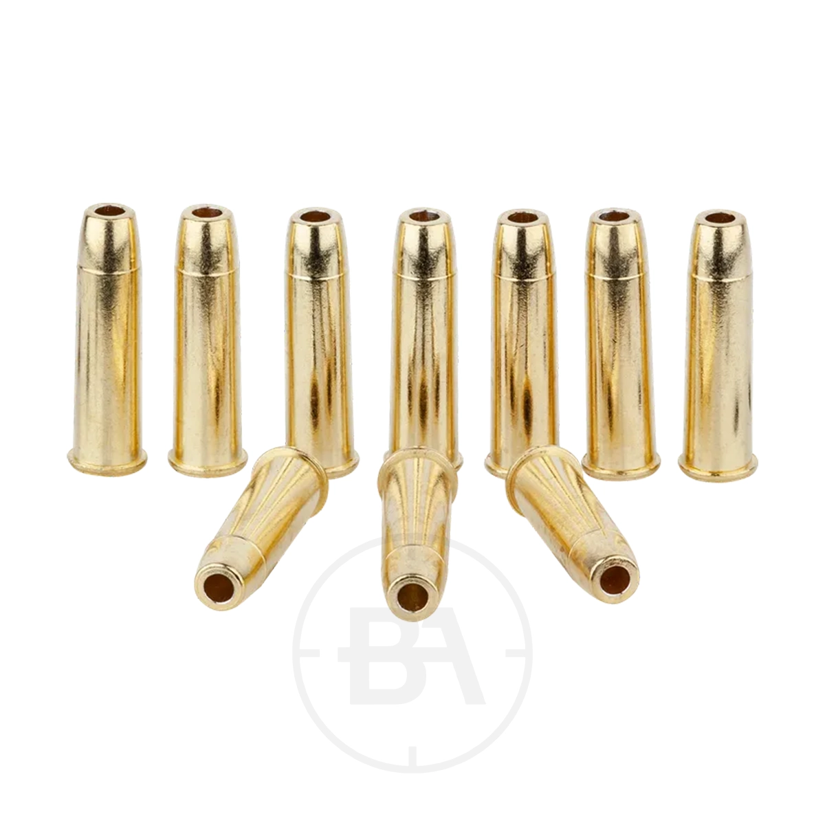 Umarex Legends Metal BB Shells (10 Pack) 1 Eleven Umarex Legends Cowboy BB Shells are displayed on a white background: nine brass-coloured shells stand upright in a row, while two more lie horizontally in front.