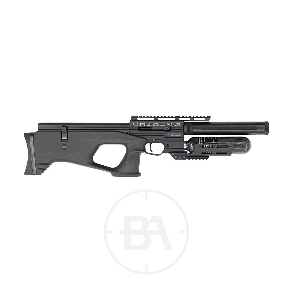 Airgun Technology (AGT) Uragan 3 Bullpup PCP Air Rifle 1 Side view of a black AGT Uragan 3 PCP air rifle with a short barrel, thumbhole stock, and an exposed air cylinder below the barrel, isolated on a white background.