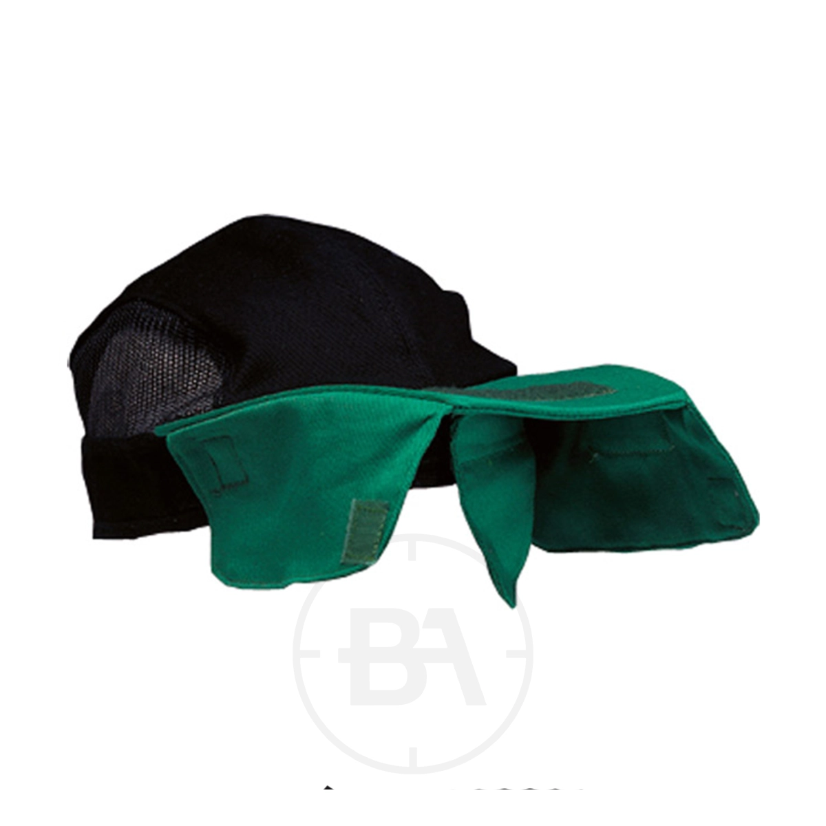 Gehmann Shooting Cap 3 The Gehmann Shooting Cap is a black mesh cap with a green neck flap attached and secured by Velcro, providing effective sun protection.