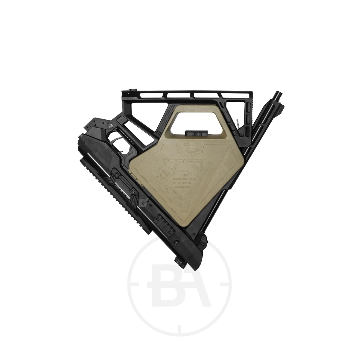 Black Bunker BM8 Folding Gas Ram Air Rifle With Hard Case 3 A compact, folded black and tan firearm chassis with an angular design displayed against a white background.