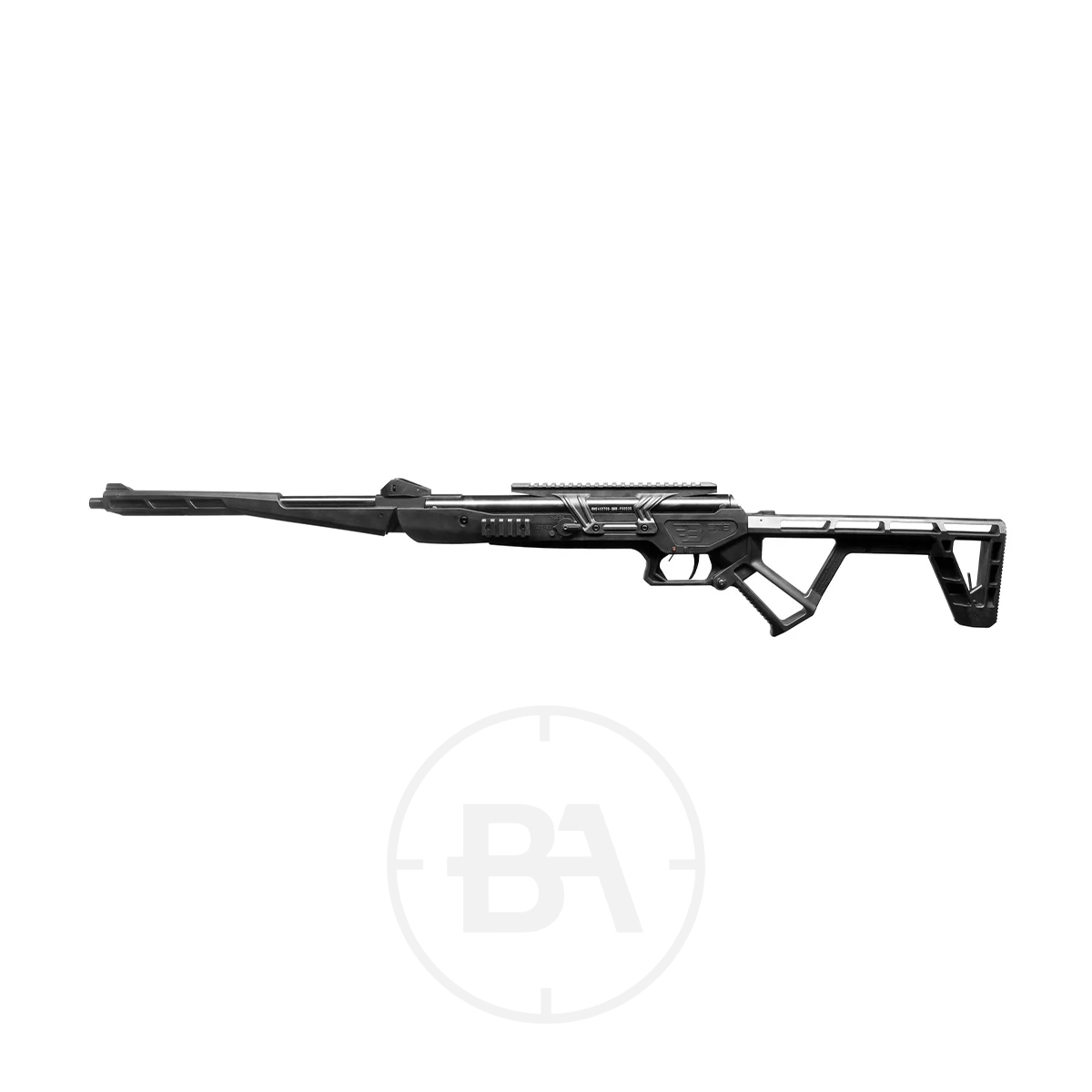 Black Bunker BM8 Folding Gas Ram Air Rifle With Hard Case 9 Black tactical rifle with an adjustable stock, pistol grip, and top-mounted rail, shown in a side view on a white background.