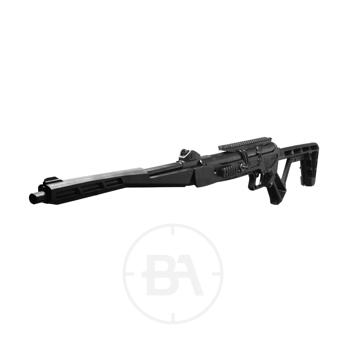Black Bunker BM8 Folding Gas Ram Air Rifle With Hard Case 7 Black tactical rifle chassis with adjustable stock, pistol grip, and picatinny rail, photographed on a white background.