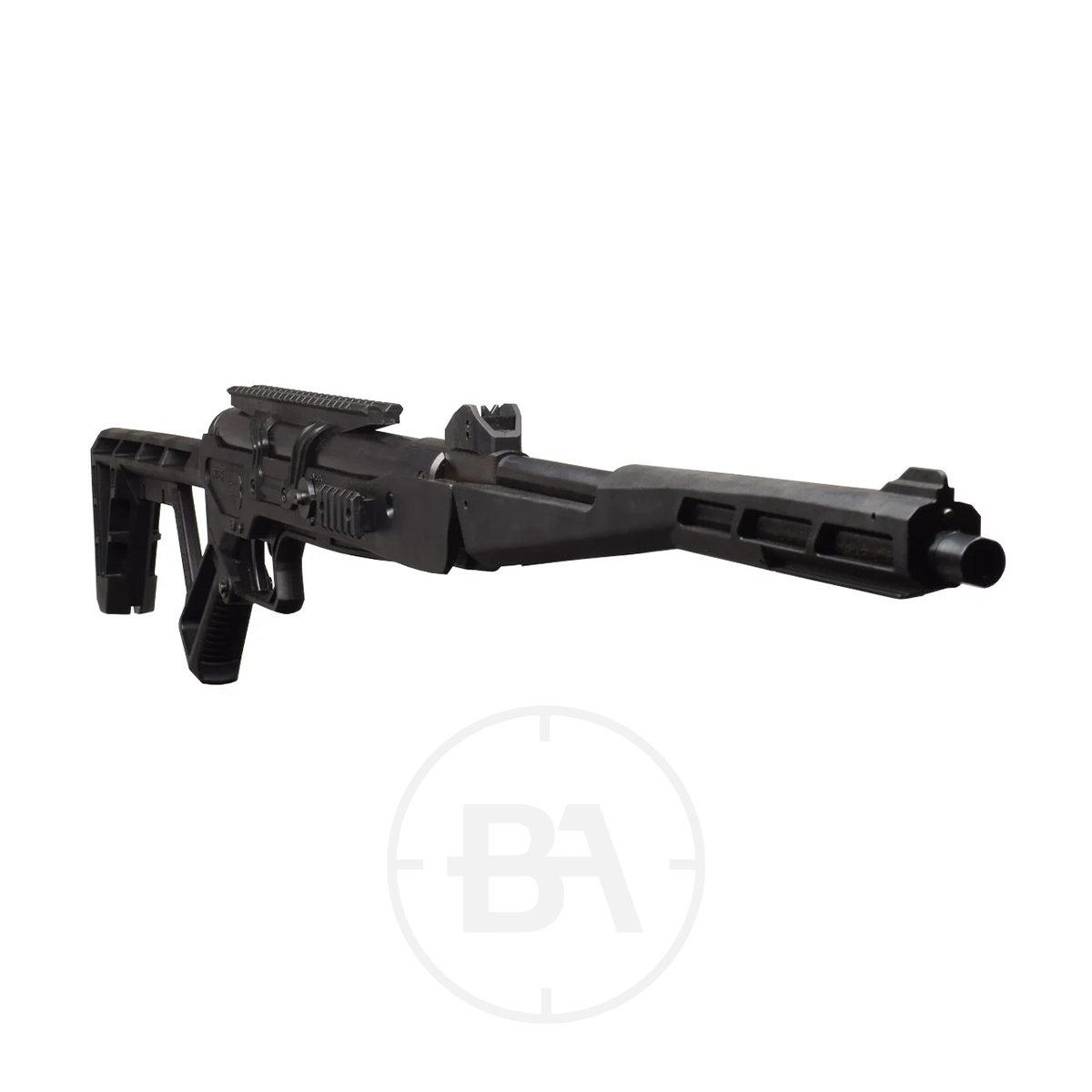 Black Bunker BM8 Folding Gas Ram Air Rifle With Hard Case 5 A black tactical shotgun with a collapsible stock and rail system, viewed from a front angle.