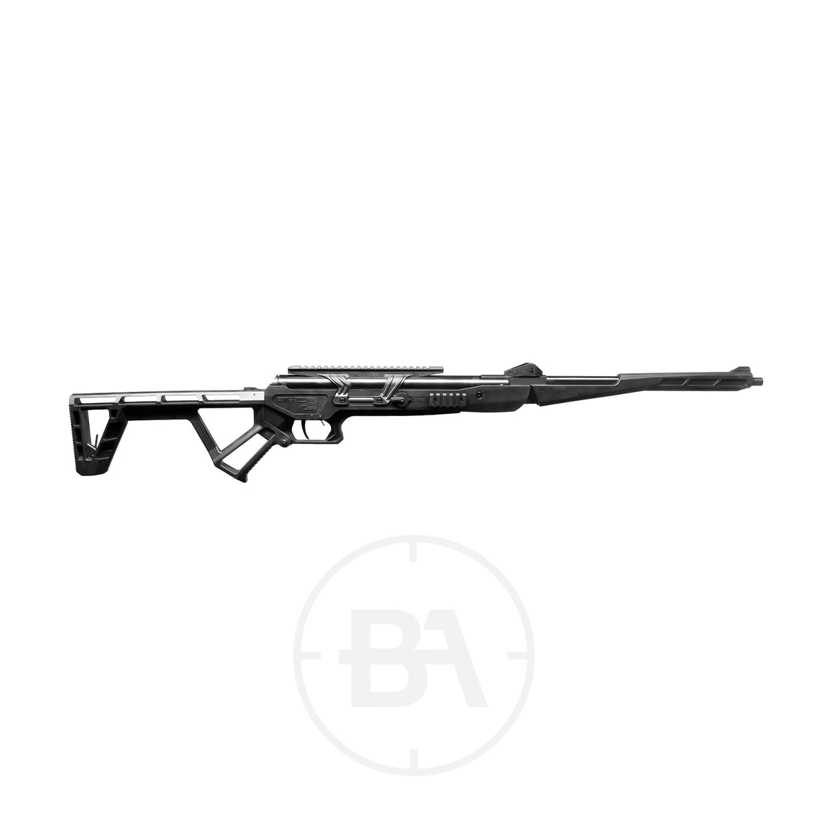 Black Bunker BM8 Folding Gas Ram Air Rifle With Hard Case 1 Black tactical rifle with an adjustable stock and rail system, displayed on a white background with a faint watermark near the bottom center.