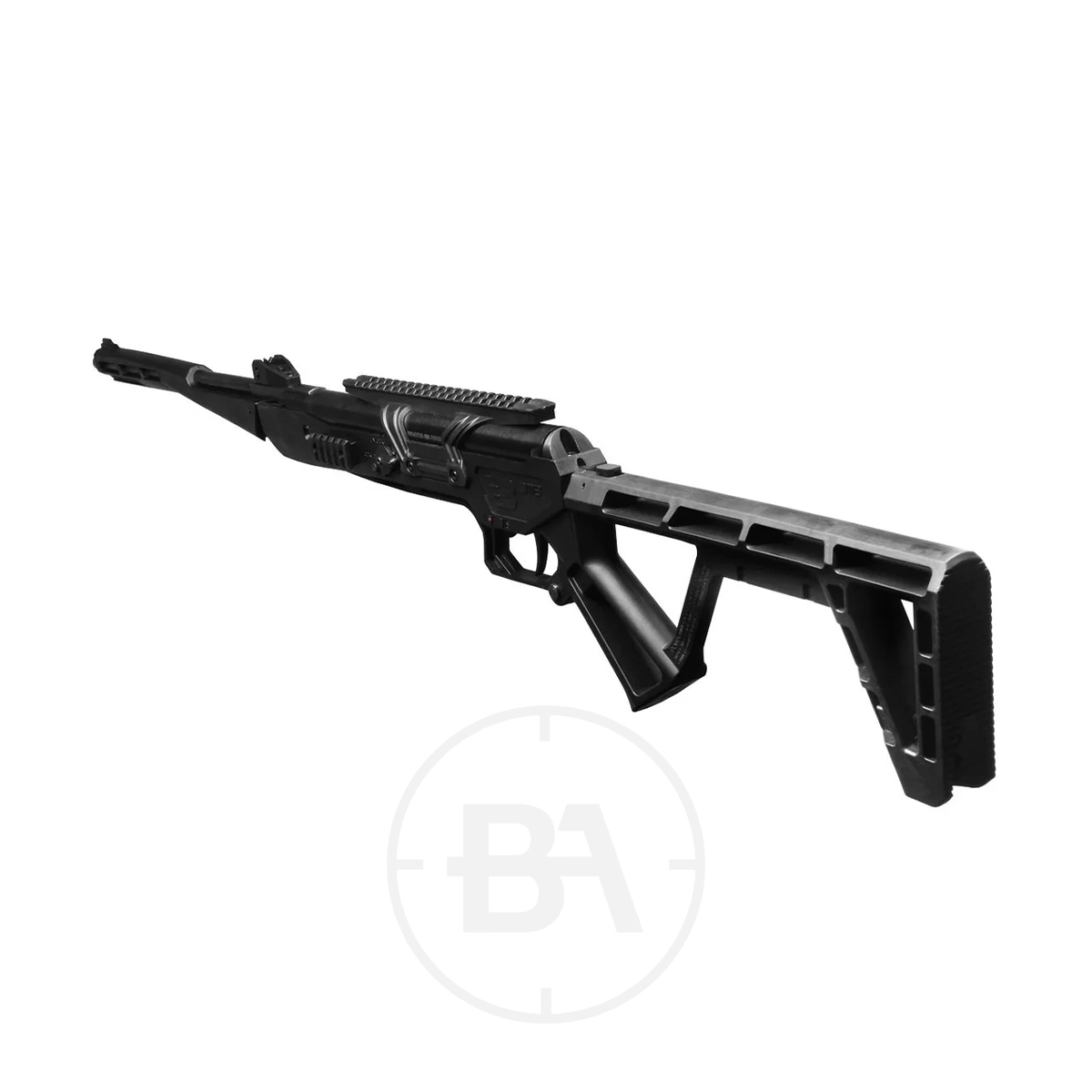 Black Bunker BM8 Folding Gas Ram Air Rifle With Hard Case 13 A black pump-action shotgun with a tactical stock, pistol grip, and top rail, displayed on a white background.
