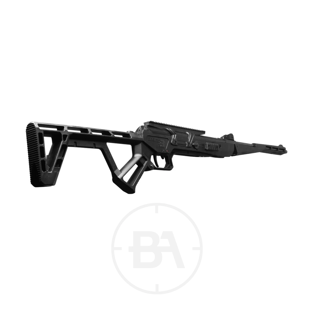 Black Bunker BM8 Folding Gas Ram Air Rifle With Hard Case 11 Black modular rifle chassis with adjustable stock and angled foregrip, displayed on a white background.