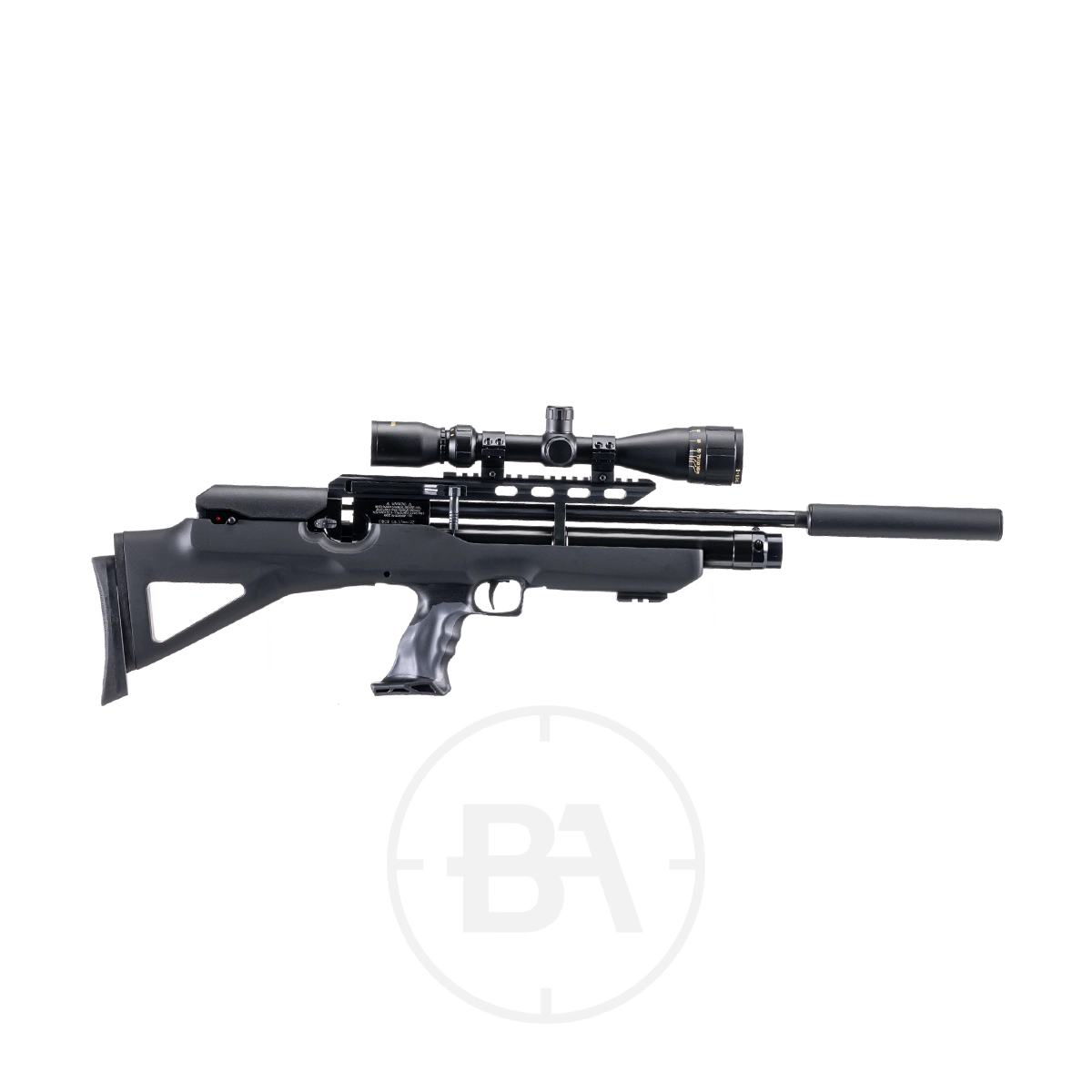 Weihrauch HW100X Bullpup Regulated PCP Air Rifle Series 1 A modern black HW100X Bullpup .177 regulated PCP air rifle with a scope, silencer, and adjustable stock, displayed on a white background with a faint circular logo beneath it.