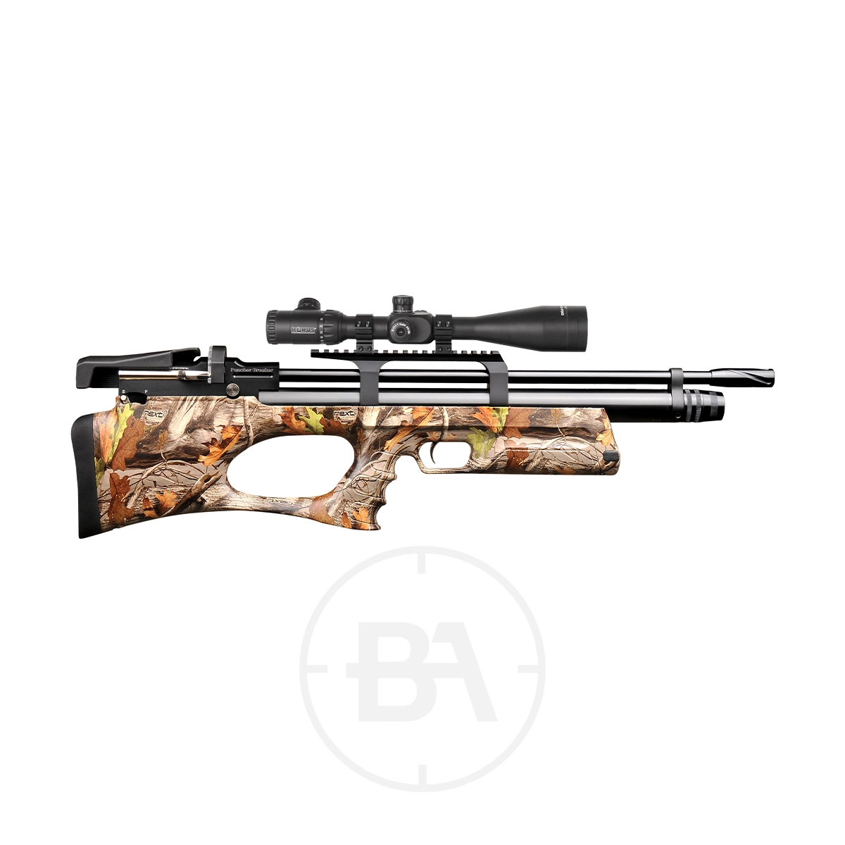 Kral Arms Puncher Breaker Bullpup PCP Air Rifle 9 Kral Arms Puncher Breaker PCP air rifle with a camouflage-patterned stock and mounted scope, displayed on a plain white background.