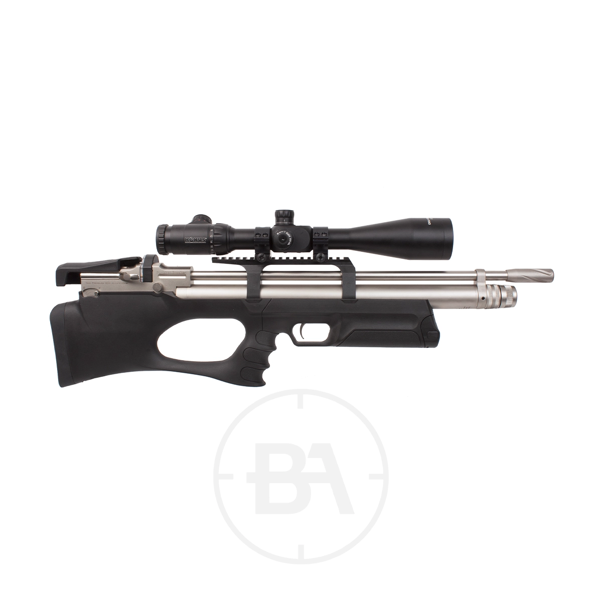 Kral Arms Puncher Breaker Bullpup PCP Air Rifle 3 A Kral Arms Puncher Breaker PCP Air Rifle with a black synthetic stock, silver barrel, and mounted telescopic sight, shown in a side profile on a white background.