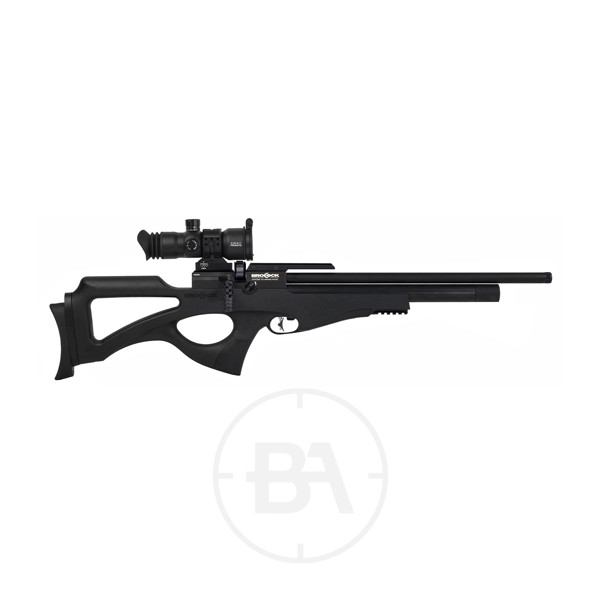 Brocock Compatto PCP Air Rifle 1 The Brocock Compatto PCP Air Rifle is shown on a white background with a modern synthetic stock, extended barrel, and scope mount.