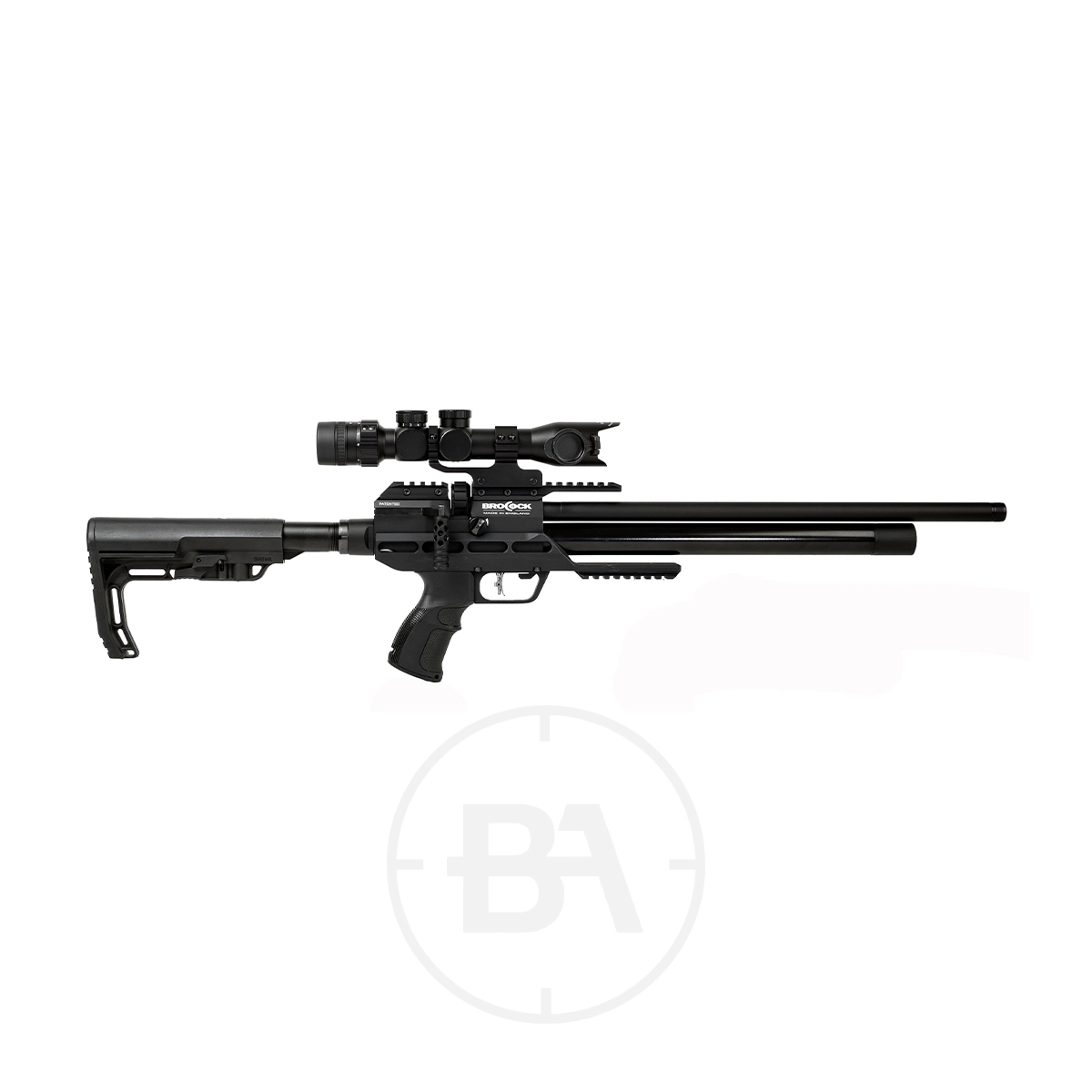 Brocock Concept XR PCP Air Rifle 1 Side view of the Brocock Concept XR PCP Air Rifle in black, featuring a scope and adjustable stock, shown on a white background.