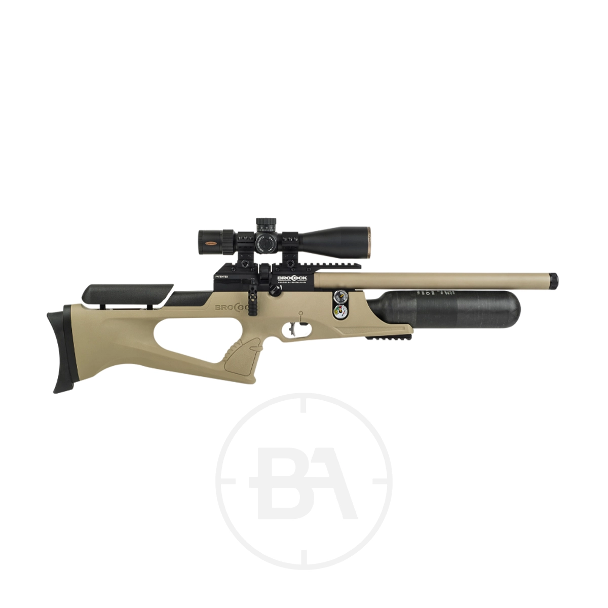 Brocock Sahara XR PCP Air Rifle 1 A Brocock Sahara XR PCP Air Rifle in tan and black with scope and adjustable stock, shown on a white background.