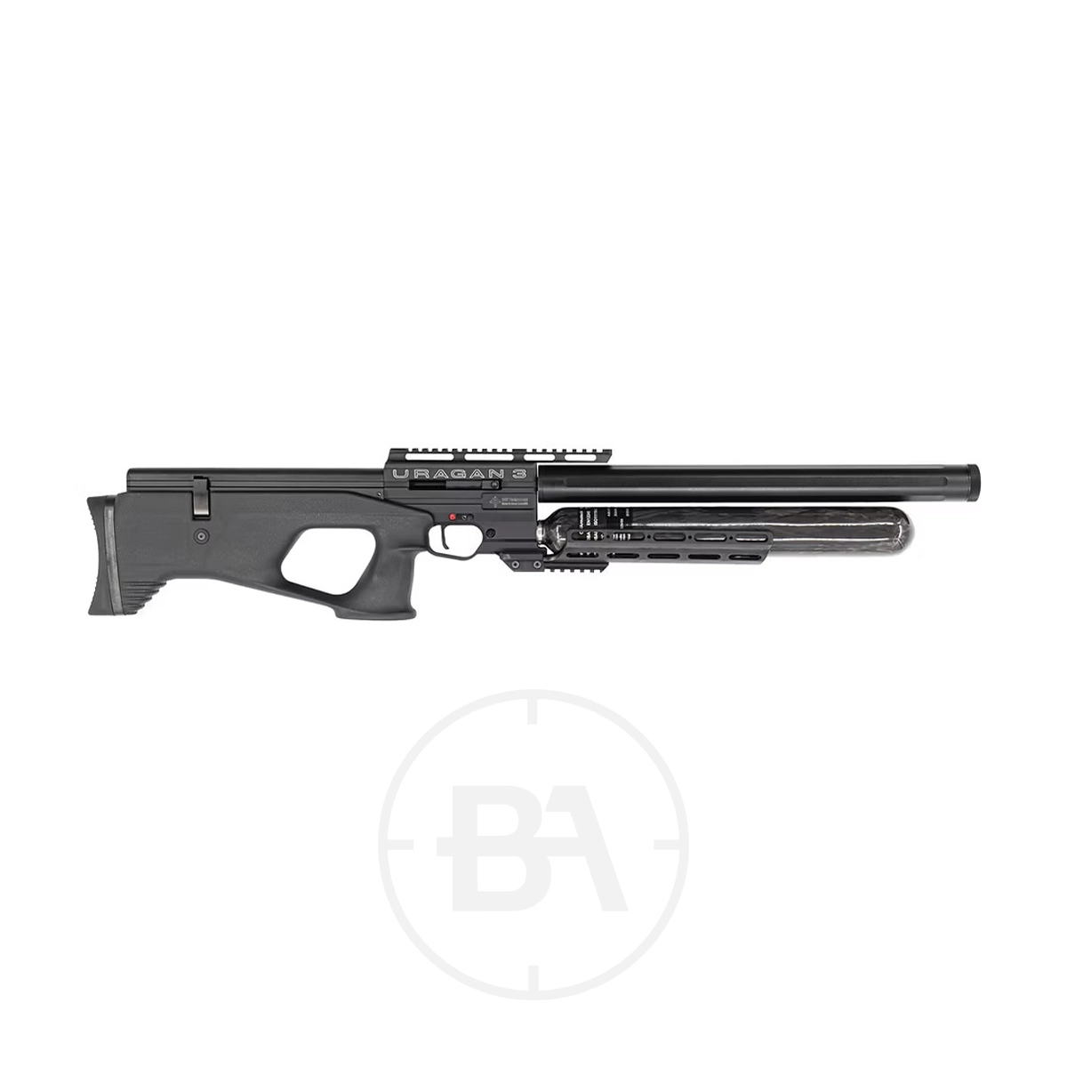 Airgun Technology (AGT) Uragan 3 Bullpup PCP Air Rifle 11 Black PCP air rifle with a synthetic stock, labeled "AGT Uragan 3" in .177 caliber, featuring a long barrel and an attached air cylinder below.