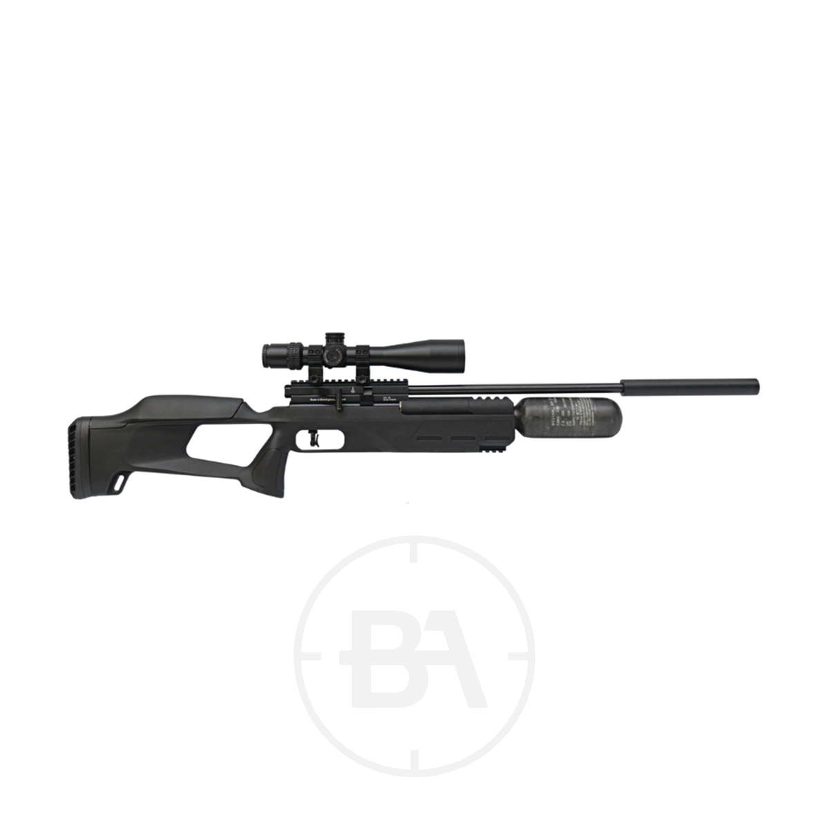 BSA Airsport-SL Regulated PCP Air Rifle 1 A BSA Airsport-SL Regulated PCP Air Rifle in black, featuring a synthetic stock, adjustable rear sight, long barrel, and mounted telescopic sight, is displayed on a white background.