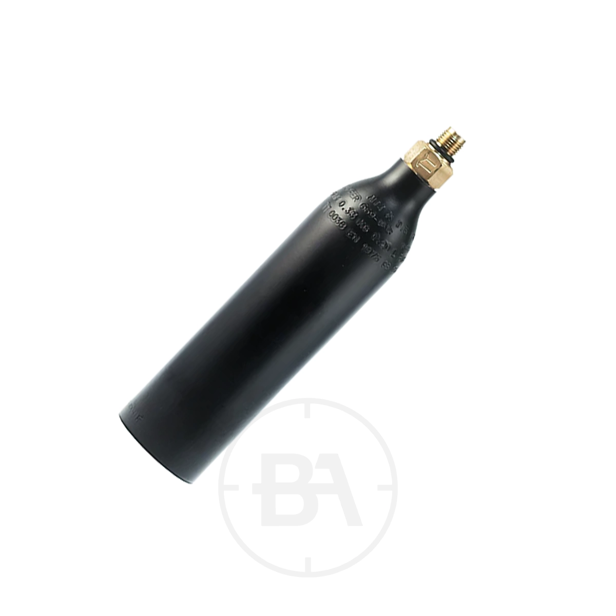 BSA 280cc Aluminium Buddy Bottle 1 The BSA 280cc Aluminium Buddy Bottle is a black gas cylinder with a brass valve and threaded nozzle, displayed diagonally on a white background. Engraved markings are visible near the top of the bottle.