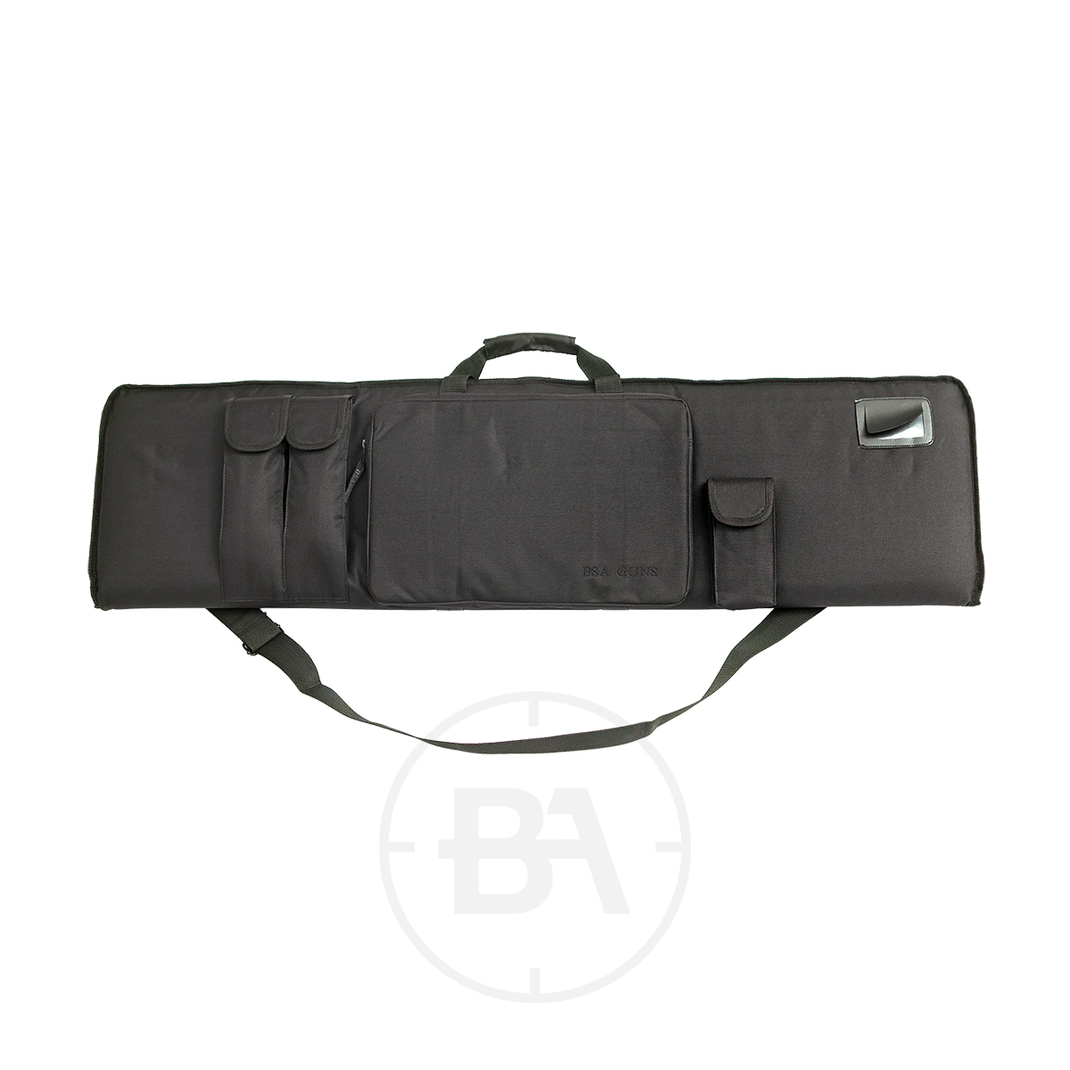 BSA Black Tactical Case Mat 1 The BSA Black Tactical Case Mat is a rectangular rifle case with multiple exterior pockets, a top carrying handle, adjustable shoulder strap, and clear ID window on the upper right corner, shown on a white background.