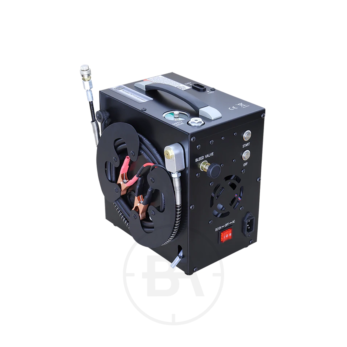BSA Portable PCP Electric Compressor 1 The BSA Portable PCP Electric Compressor is a black, box-shaped unit with a top handle, hose attachment, control buttons, indicator lights, two reel clamps on the side, vents, and a visible power switch.