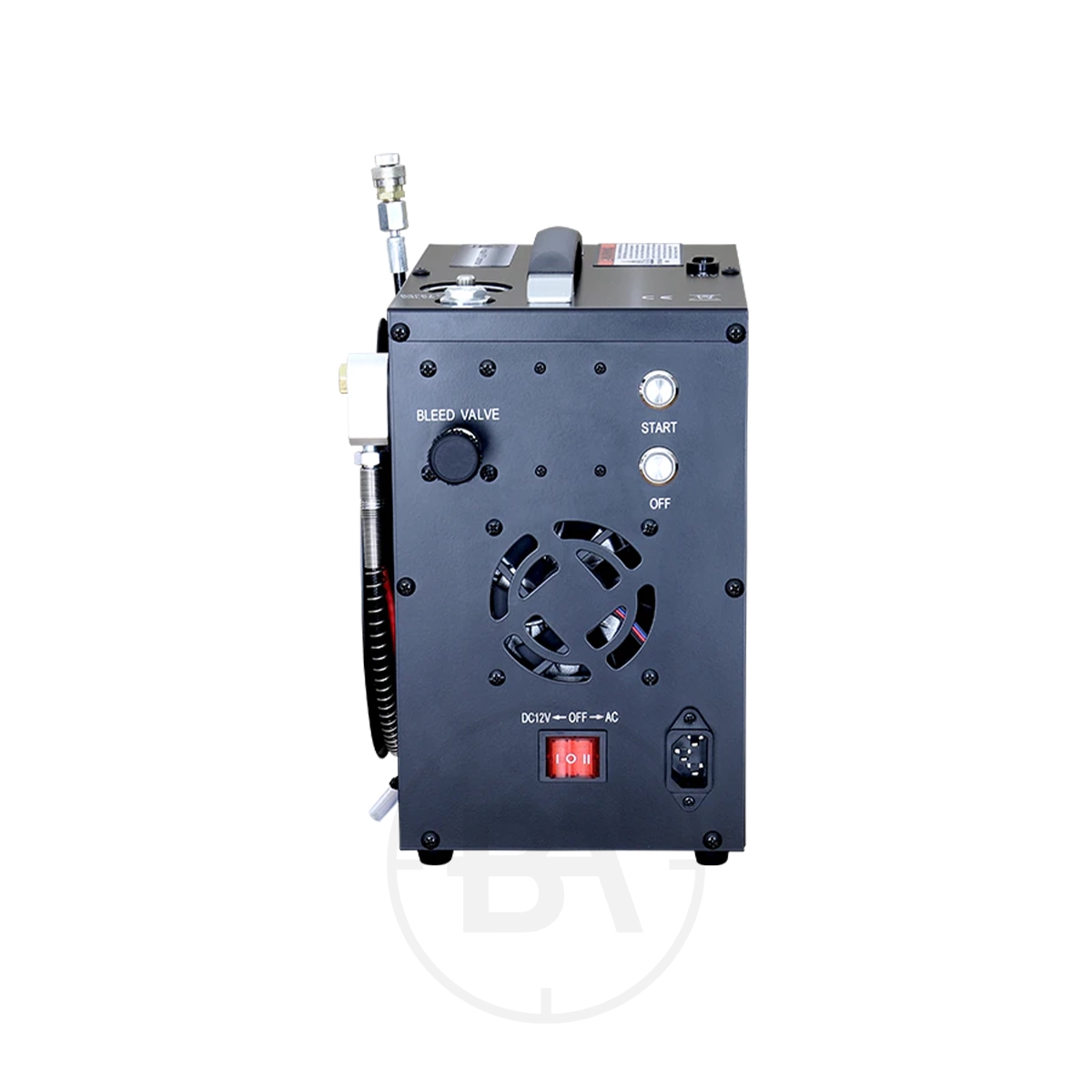 BSA Portable PCP Electric Compressor 7 The BSA Portable PCP Electric Compressor is a compact black unit with a visible power switch, fan vent, labelled bleed valve/start/off buttons, hose attachment, and a top carrying handle for easy portability.
