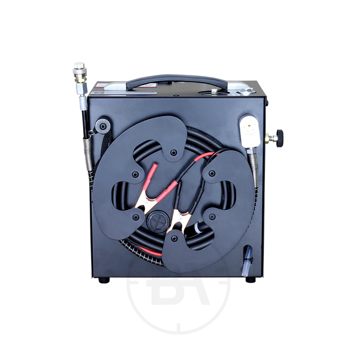BSA Portable PCP Electric Compressor 5 The BSA Portable PCP Electric Compressor is a compact black battery booster pack with integrated jump leads, attached clips, a carrying handle, and a built-in air compressor for versatile on-the-go convenience.