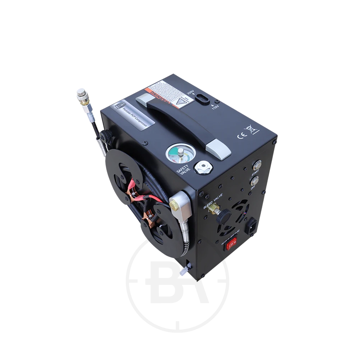 BSA Portable PCP Electric Compressor 3 The BSA Portable PCP Electric Compressor is a black, box-shaped unit with a top handle, two cable reels, pressure gauge, control buttons, and labelled connectors, shown from an upper angle.