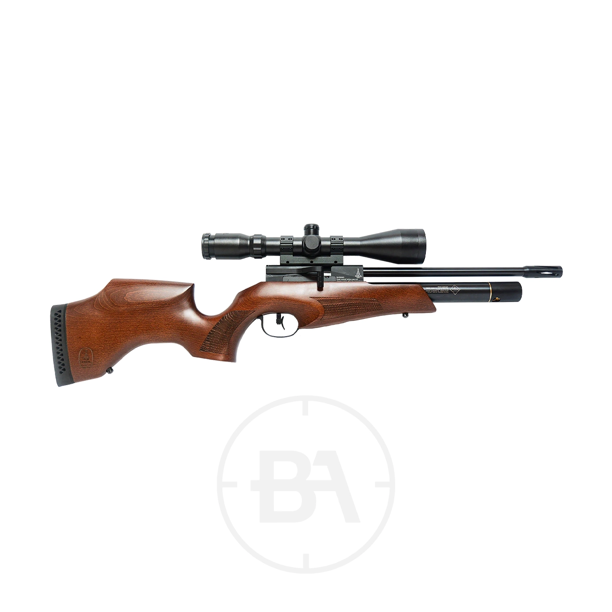 BSA Ultra CLX PCP Air Rifle 1 A side view of the BSA Ultra CLX PCP Air Rifle, featuring a mounted scope and black barrel, is shown isolated on a white background with a faint circular logo underneath.