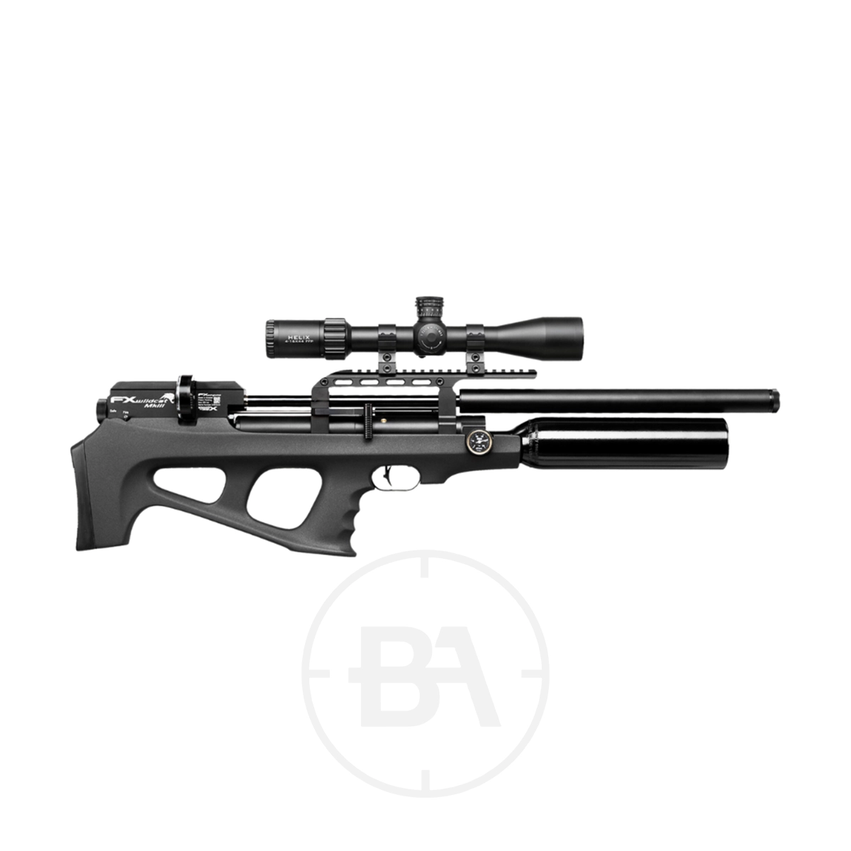 FX Airguns Wildcat MKIII BT PCP Air Rifle 1 The FX Airguns Wildcat MKIII PCP Air Rifle, shown with a scope and tactical stock, features twin cylindrical air reservoirs and is displayed on a plain white background.