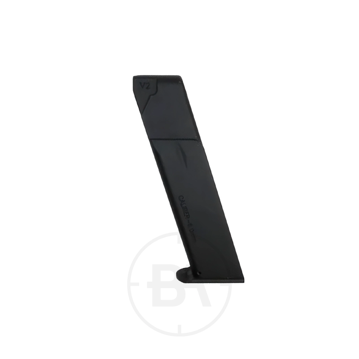 Desert Eagle 'Baby Eagle' 22 Round Spare Magazine 1 A black, rectangular Desert Eagle 'Baby Eagle' 22 Round Spare Magazine with a slanted top stands upright against a white background, labelled "V2" and "QUIETECH V2.0," compatible with Desert Eagle or Baby Eagle models.