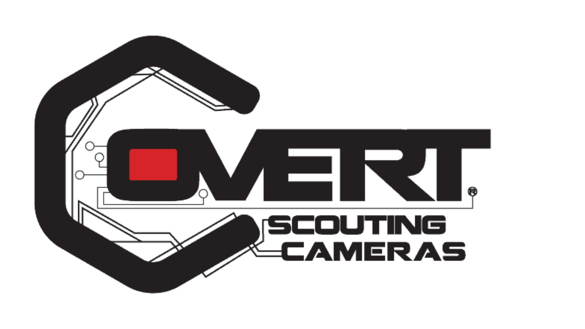 Covert MP32 Trail Camera 2 Logo for "Overt Scouting Cameras" featuring a large stylized "C" and a red square inside the letter "O." Circuit-like lines fill the background, inspired by the technology behind Covert Scouting Cameras.