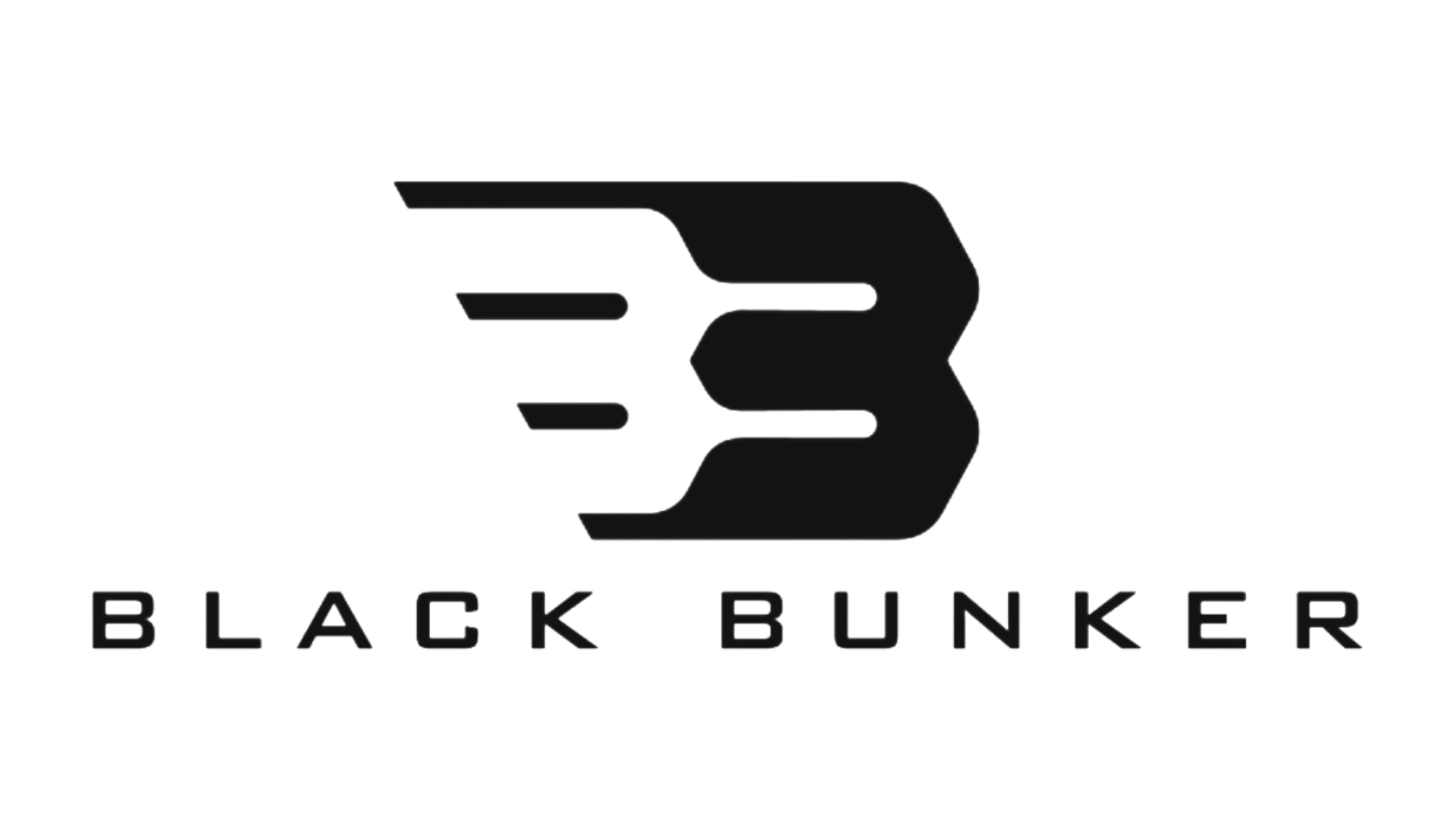 Black Bunker BM8 Folding Gas Ram Air Rifle With Hard Case 2 Black Bunker logo featuring a stylized letter "B" with motion lines, symbolizing speed and strength, above the bold uppercase text "BLACK BUNKER.