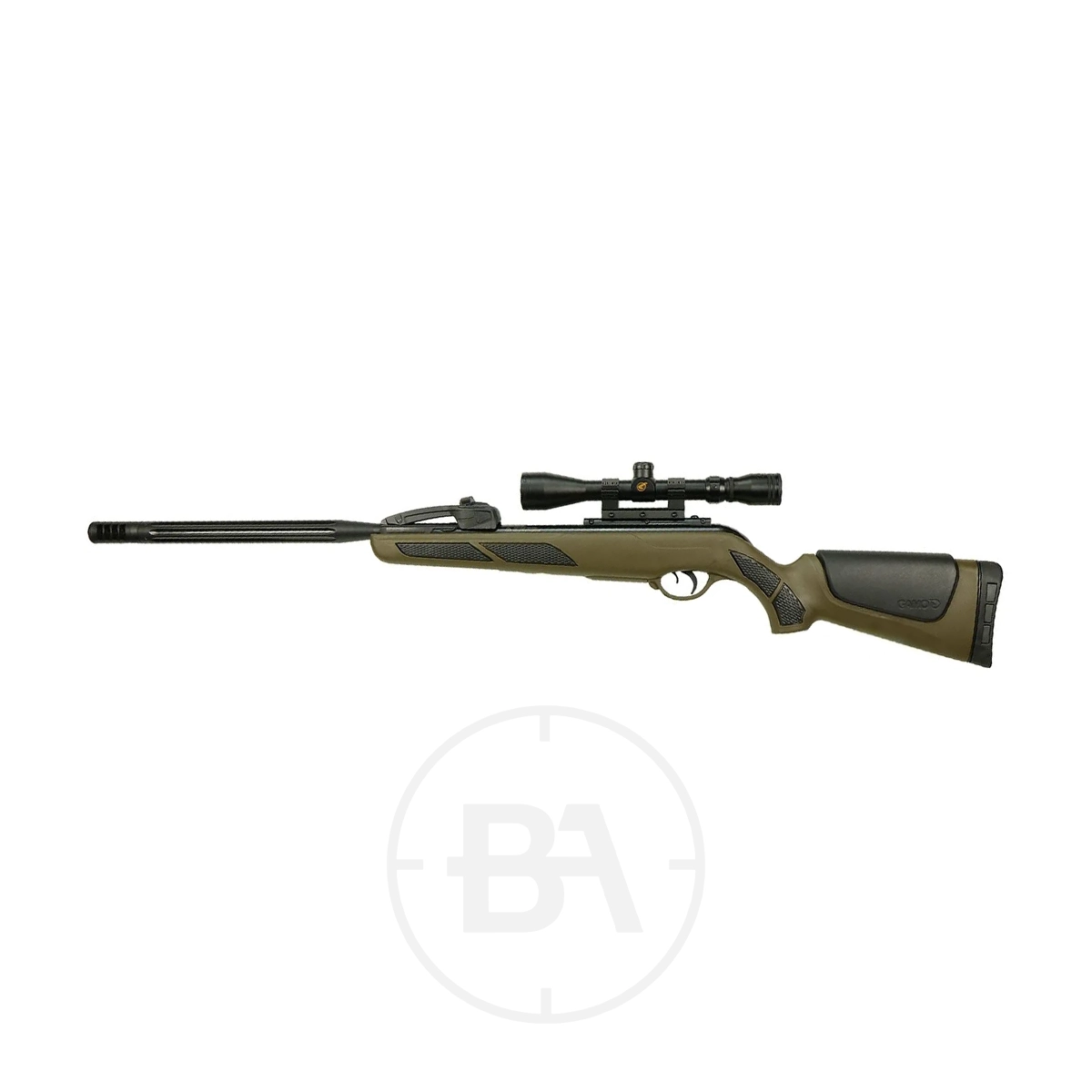 Gamo Varmint Swarm Spring Air Rifle With Scope 7 A Gamo Varmint Swarm Spring Air Rifle with scope in black and olive green is shown in side profile against a plain white background.