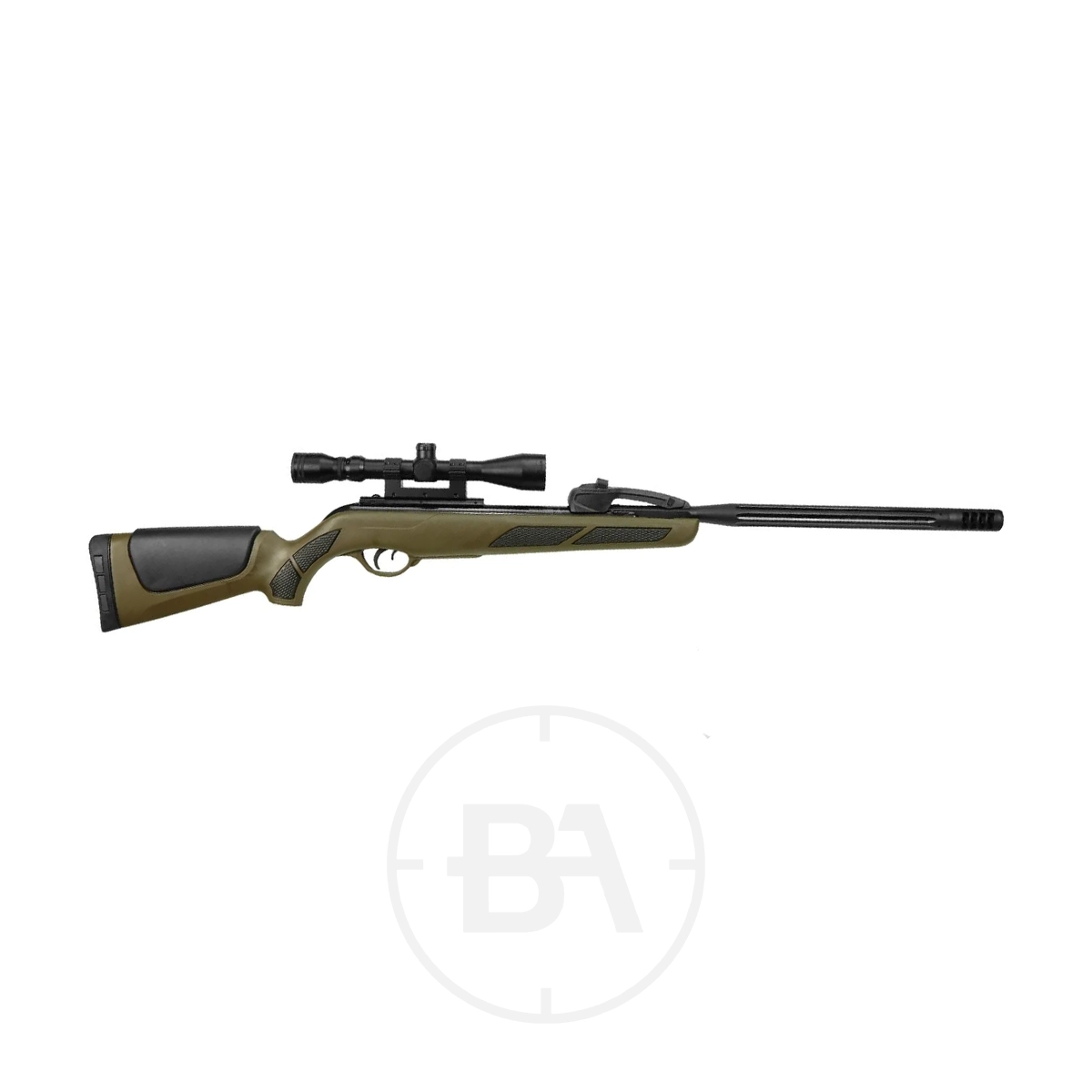 Gamo Varmint Swarm Spring Air Rifle With Scope 5 A bolt-action spring air rifle with an olive green and black stock, equipped with a mounted scope, is displayed against a white background.