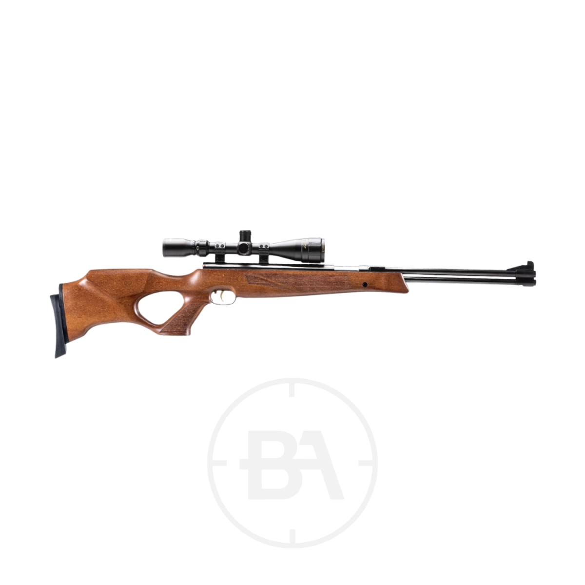 Weihrauch HW77 KT Custom Build Spring Air Rifle 1 HW77 KT bolt-action .177 spring air rifle with a classic wooden stock and mounted scope, displayed on a white background.