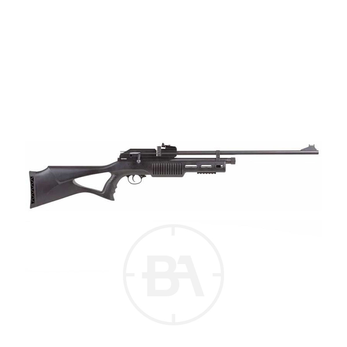 Beeman 1085 Multishot C02 Air Rifle 1 The Beeman 1085 Multishot CO2 Air Rifle, featuring a black synthetic stock, visible trigger, scope rail, and long barrel, is shown on a white background.