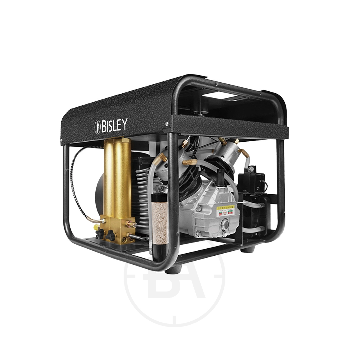 Bisley PowerFill PCP Air Compressor 1 The Bisley PowerFill PCP Air Compressor features a black metal frame, exposed motor, and gold cylinders, designed for heavy-duty industrial use.