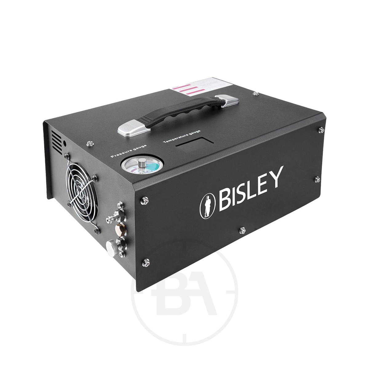 Bisley QuickFill PCP Air Compressor 1 The Bisley QuickFill PCP Air Compressor is a black unit with a top handle, pressure gauge, ventilation fan, and multiple side ports—including QuickFill—displayed against a white background.