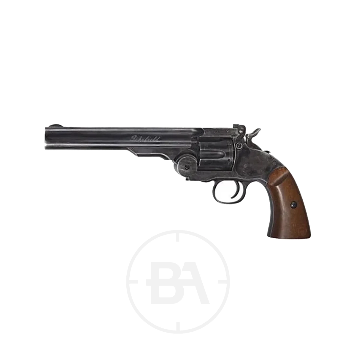 ASG Schofield 6" CO2 Pistol Aged Black .177 1 The ASG Schofield 6" CO2 Pistol in aged black .177, with a long barrel and brown wooden grip, is showcased on a white background.