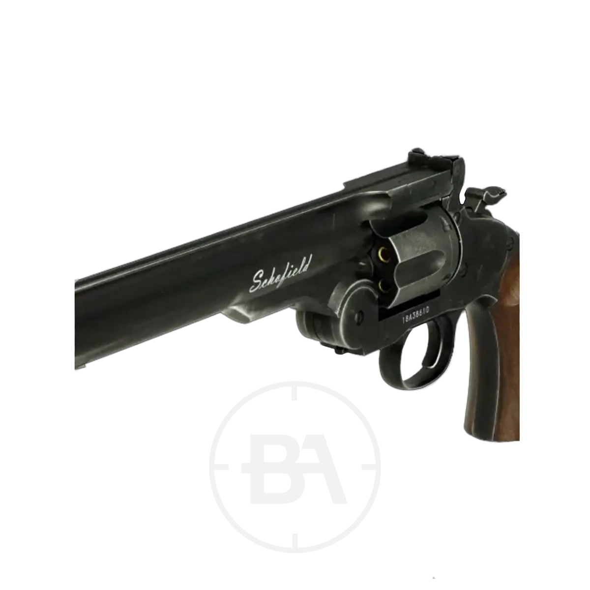 ASG Schofield 6" CO2 Pistol Aged Black .177 3 A close-up of the ASG Schofield 6" CO2 Pistol Aged Black .177 shows its wooden grip and "Schofield" engraved on the barrel.