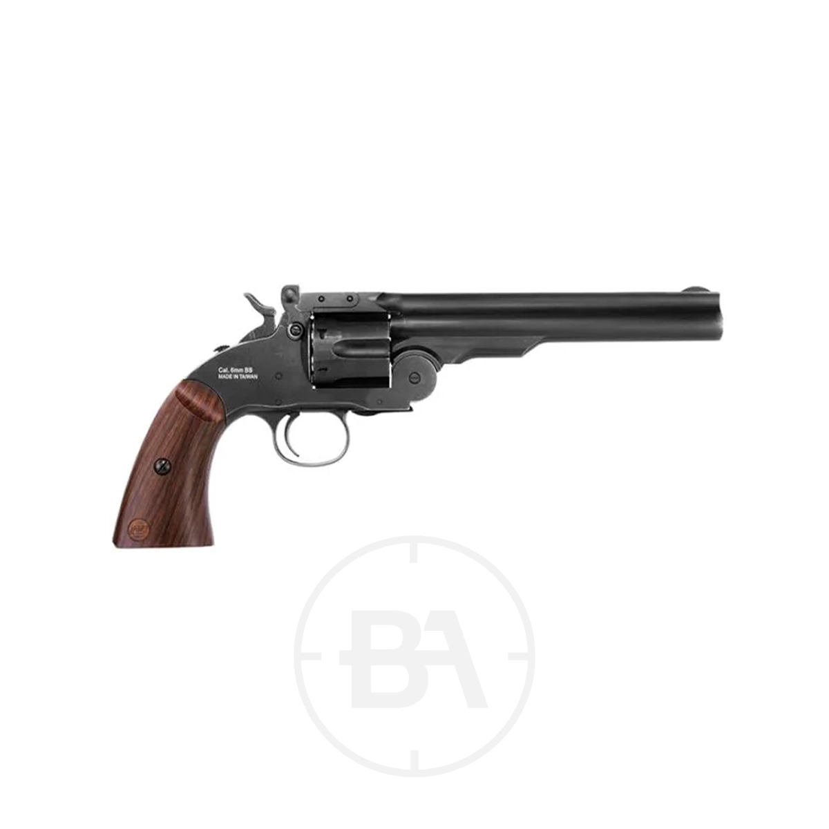 ASG Schofield 6" CO2 Pistol Aged Black .177 5 An ASG Schofield 6" CO2 Pistol Aged Black .177 with a wooden grip is shown on a white background.