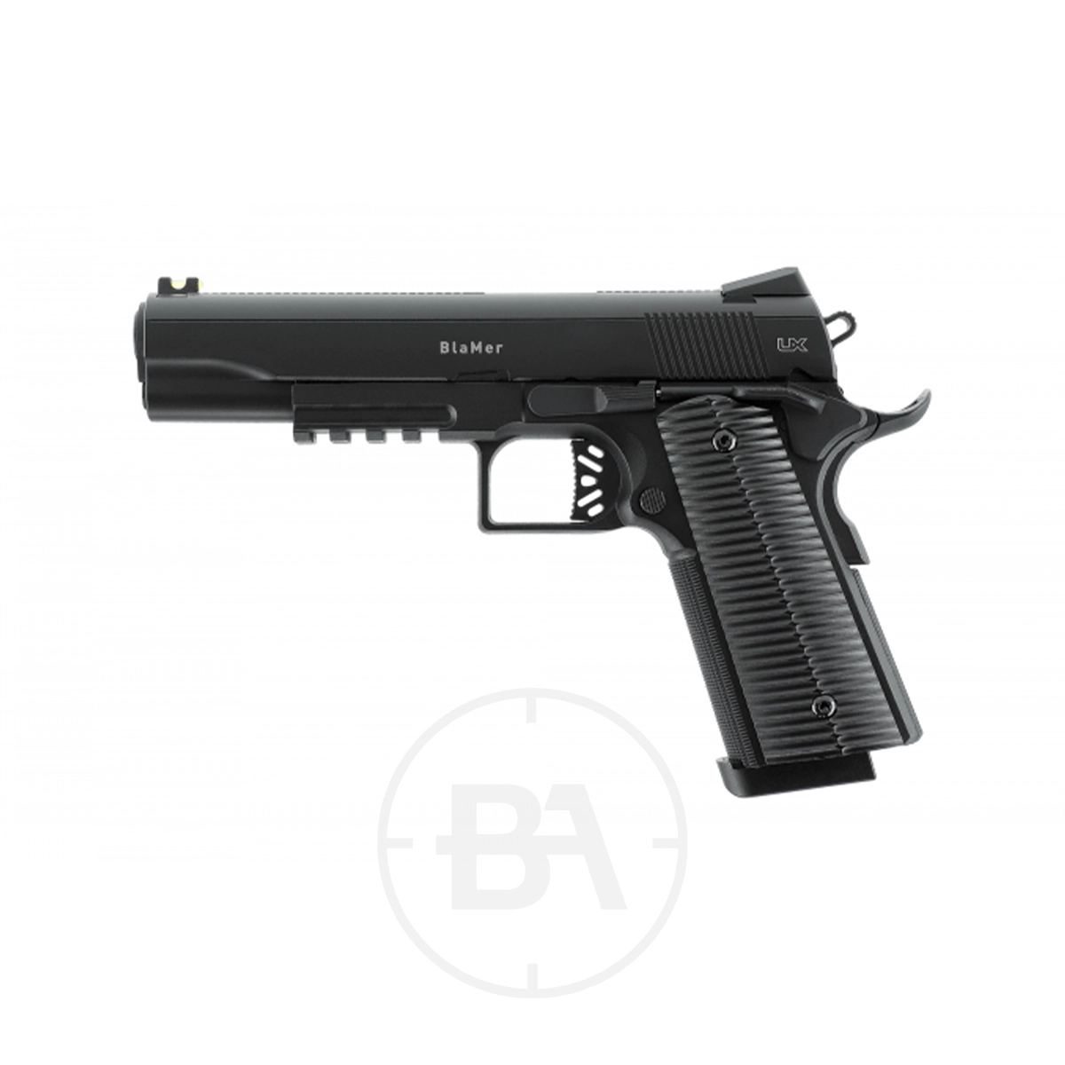 Umarex UX BlaMer CO2 BB Pistol 1 The Umarex UX BlaMer CO2 Pistol, a black semi-automatic model with a textured grip, is shown in profile against a white background.