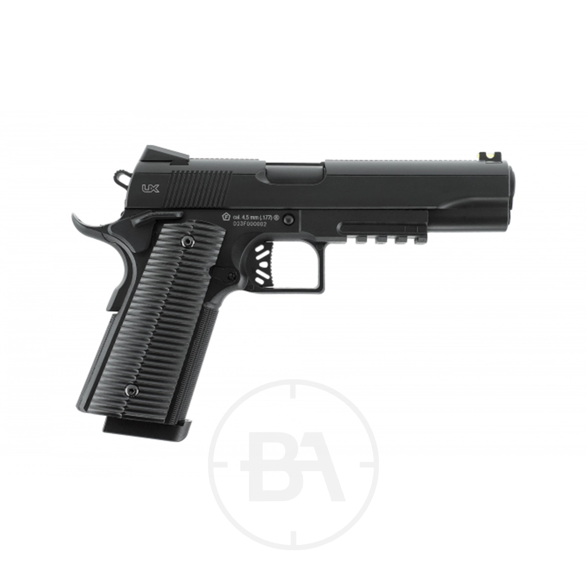 Umarex UX BlaMer CO2 BB Pistol 3 A side view of the Umarex UX BlaMer CO2 Pistol, black with a textured grip and accessory rail under the barrel, highlights its sleek semi-automatic design.