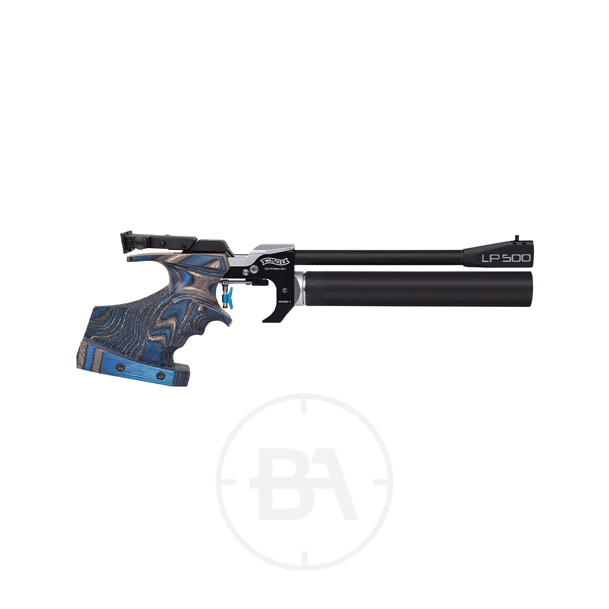 Walther LP500 M Blue Angel Match Target Pistol 3 Side view of the Walther LP500 M Blue Angel Match Target Pistol, featuring a black and blue ergonomic grip and a black barrel, shown against a white background.